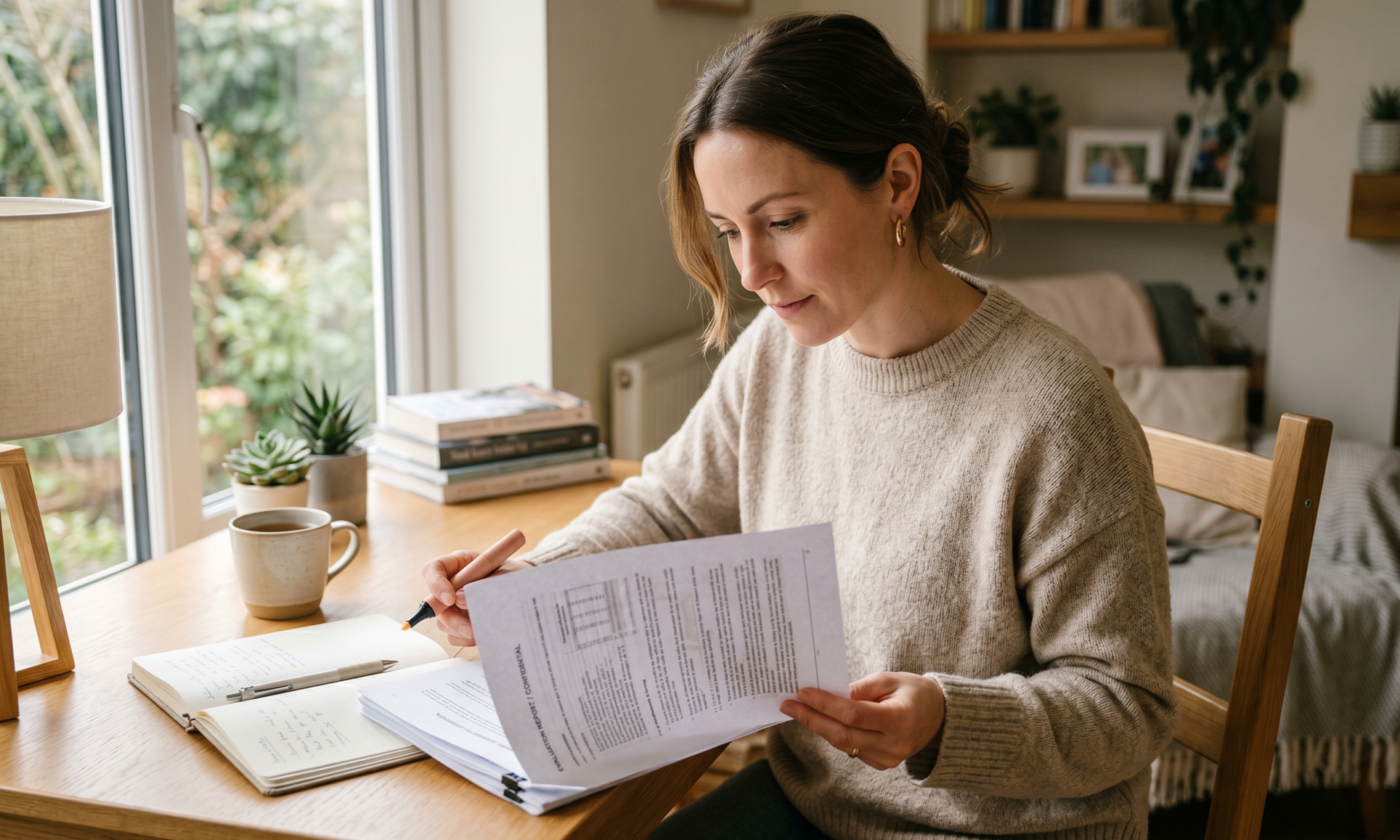 Parent reading an evaluation report at a desk at home with a highlighter and notebook in soft daylight