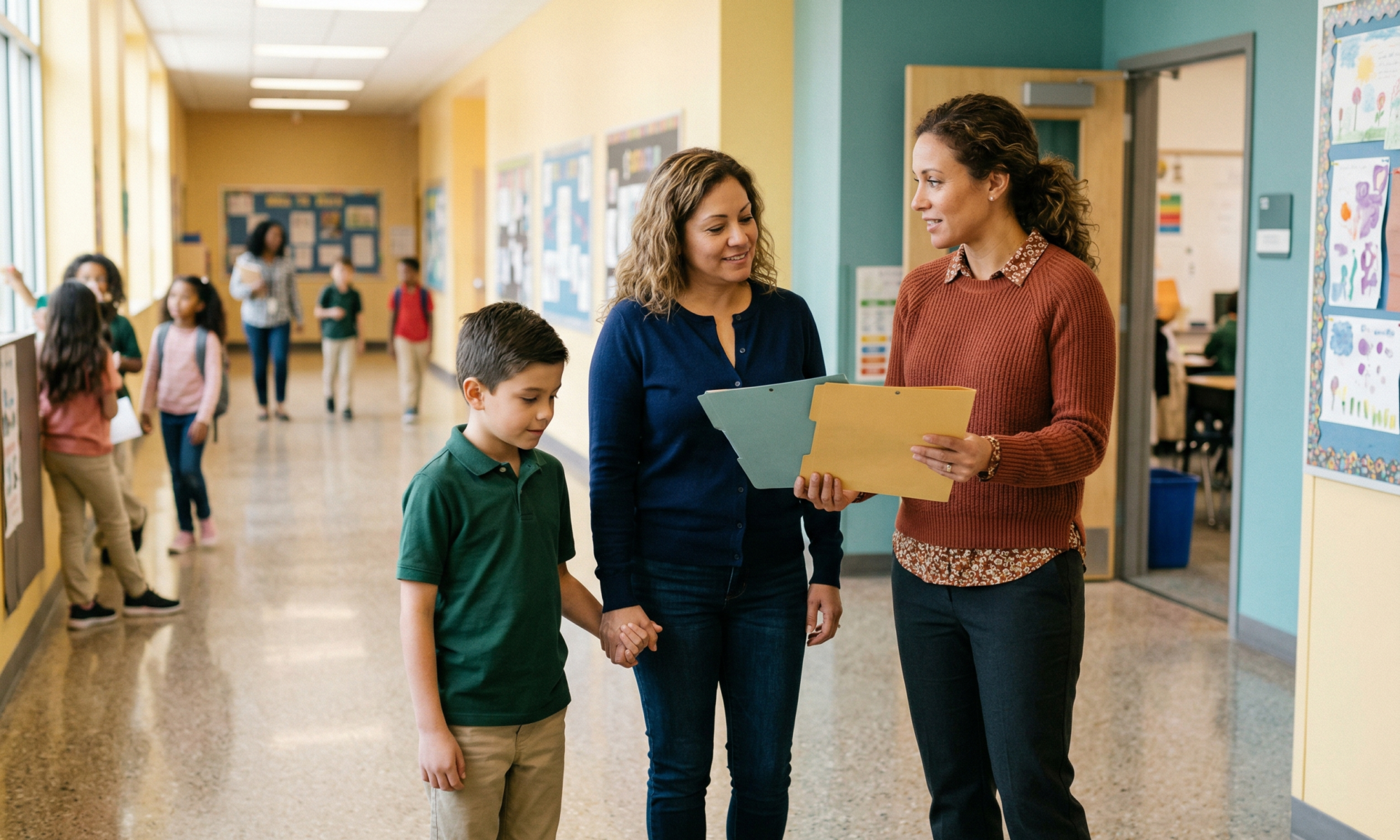 Parent, child, and education advocate talking through support options in a bright school hallway