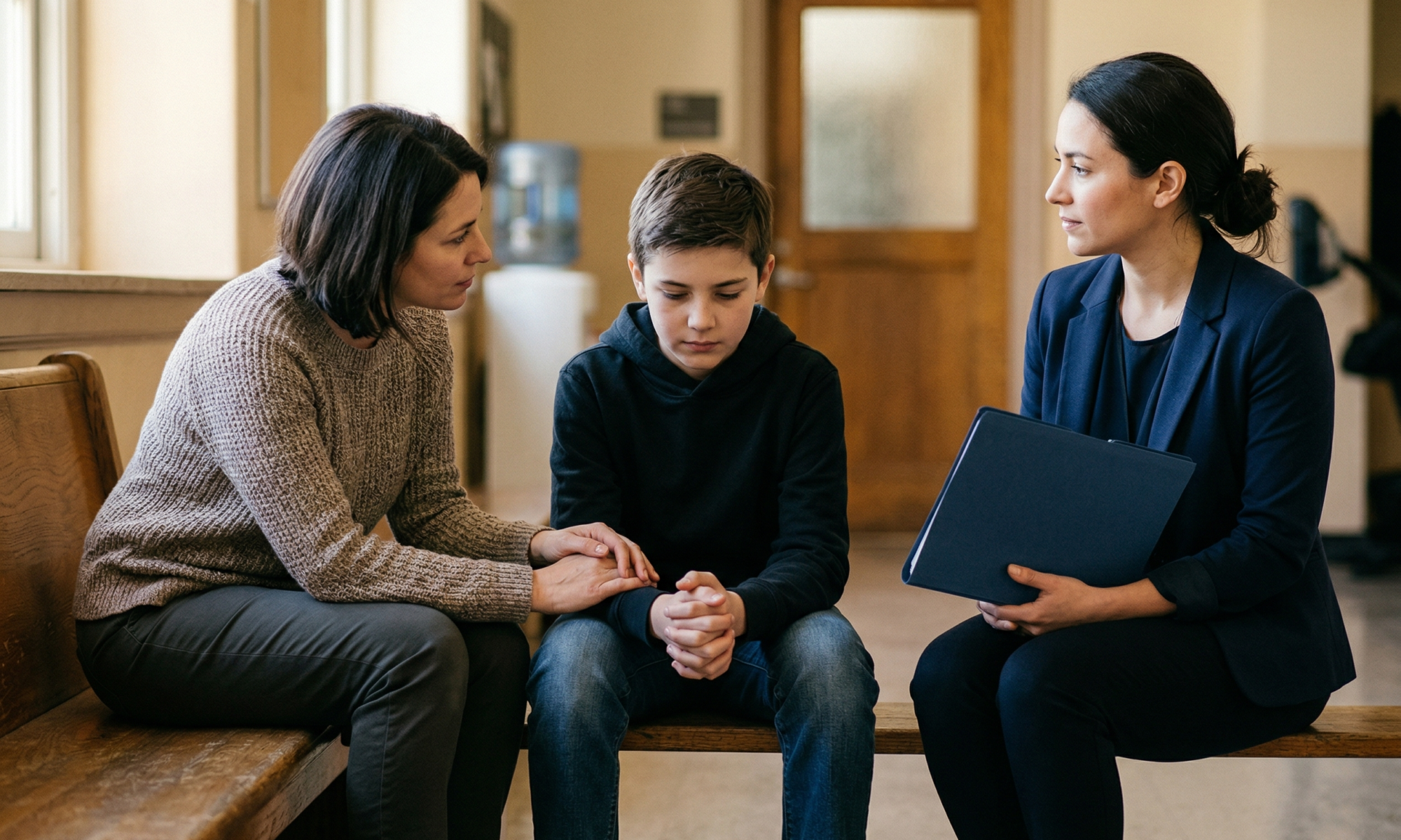 Parent, student, and advocate waiting outside a school office before a discipline meeting