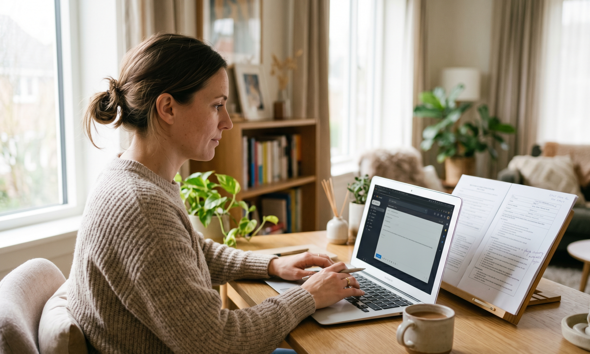 Parent writing a formal school email at a home desk with a laptop and a printed IEP page nearby
