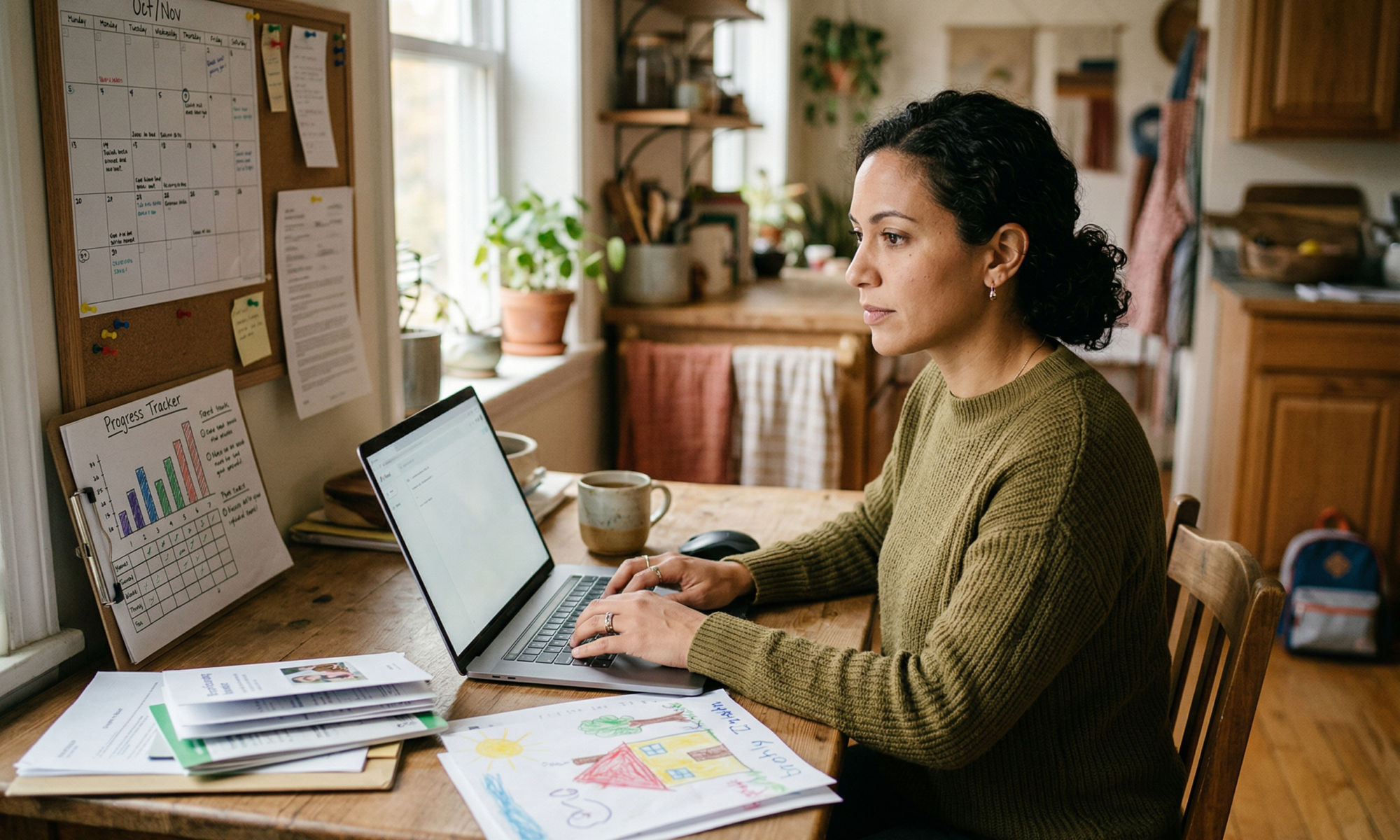 Parent following up on IEP services from home with notes and a calendar