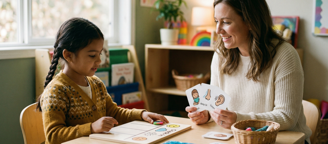 Specialist supporting a child with visual behavior supports in a calm classroom corner