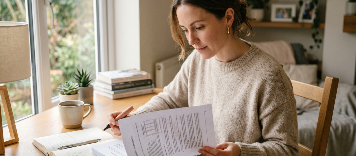 Parent reading an evaluation report at a desk at home with a highlighter and notebook in soft daylight