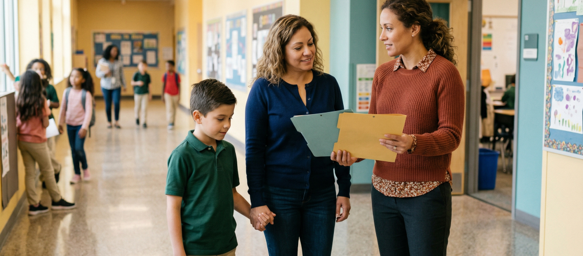Parent, child, and education advocate talking through support options in a bright school hallway