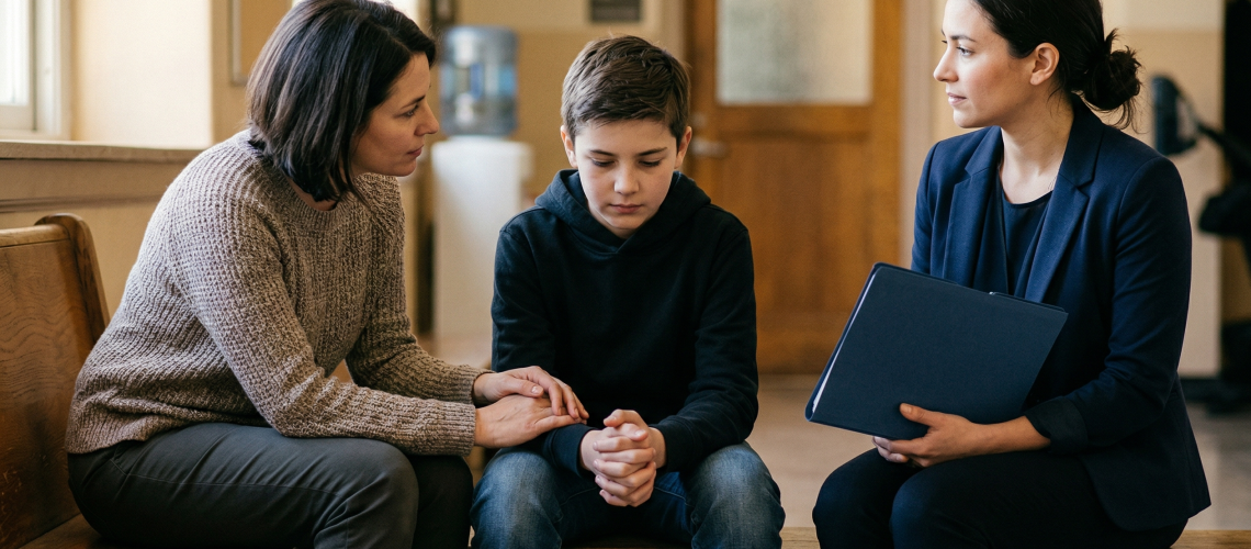 Parent, student, and advocate waiting outside a school office before a discipline meeting