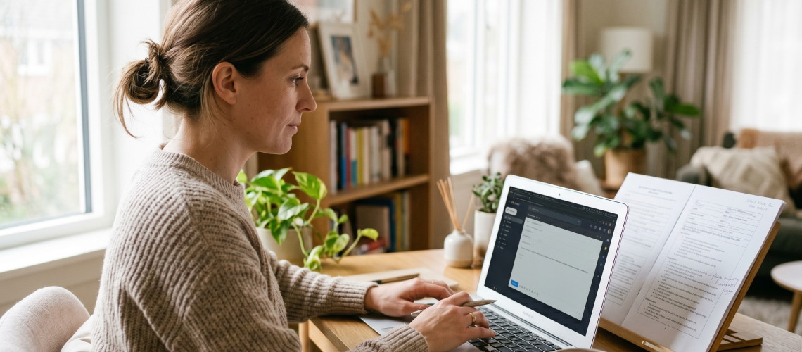 Parent writing a formal school email at a home desk with a laptop and a printed IEP page nearby