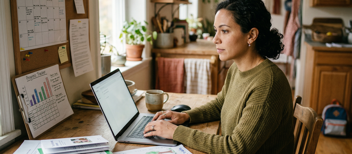 Parent following up on IEP services from home with notes and a calendar